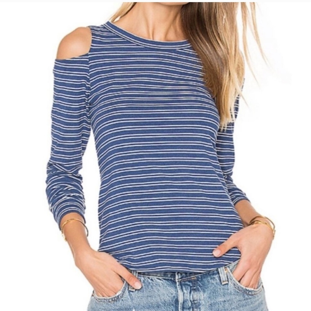 LNA Cold Shoulder Long Sleeve Stripe Tee T Shirt Blue White